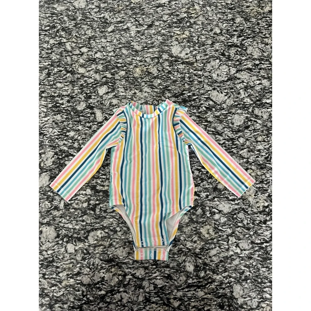 Old Navy Striped Ruffle Trim Rashguard One Piece Swimsuit Girls 6-12M Multicolor